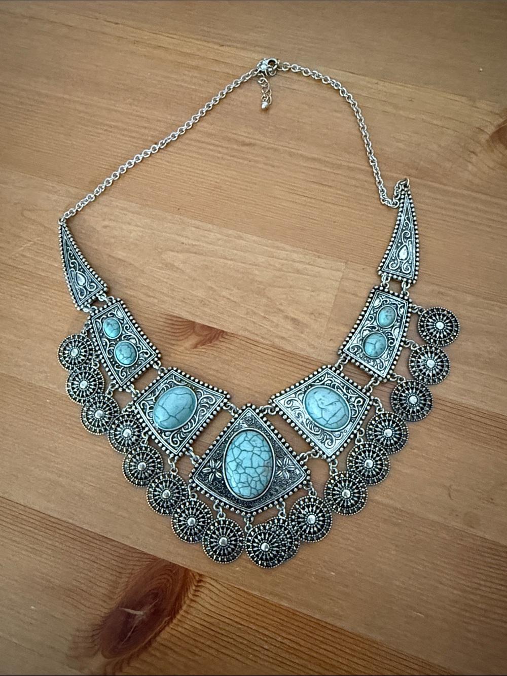 Unique Turquoise Stone Statement Necklace - Silver-Tone Boho Gypsy Bib Necklace